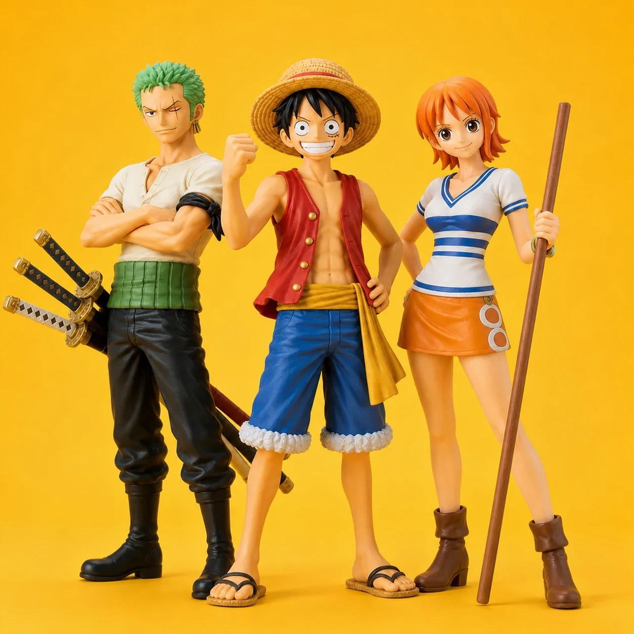 One Piece anime figures lineup: Luffy, Zoro and Nami