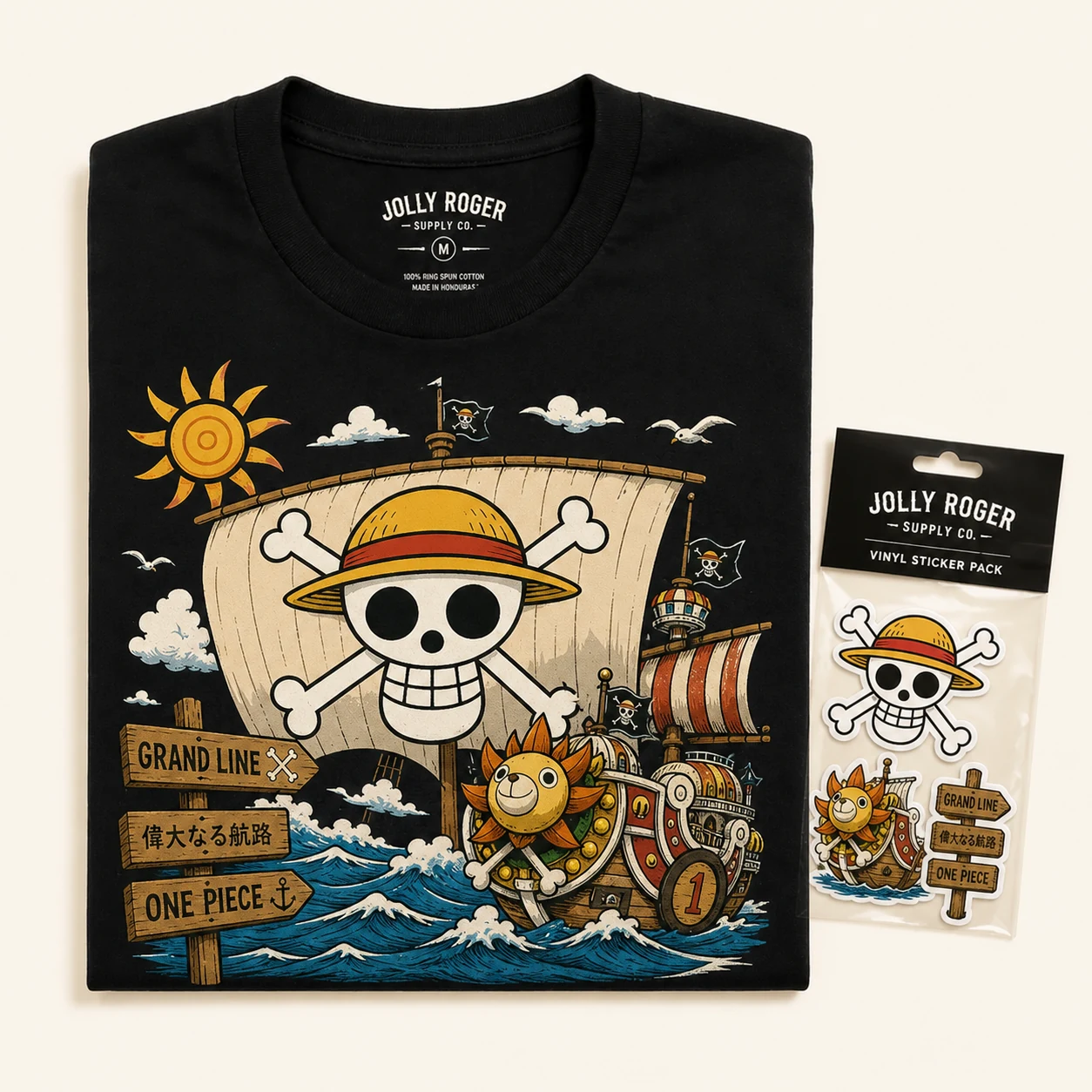 Folded anime pirate tee with Jolly Roger print, flat-lay