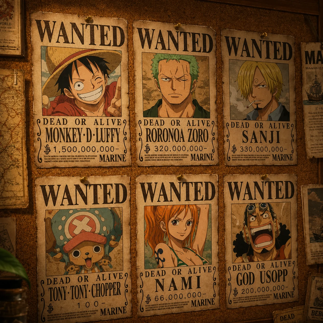 One Piece wanted posters pinned on a wall