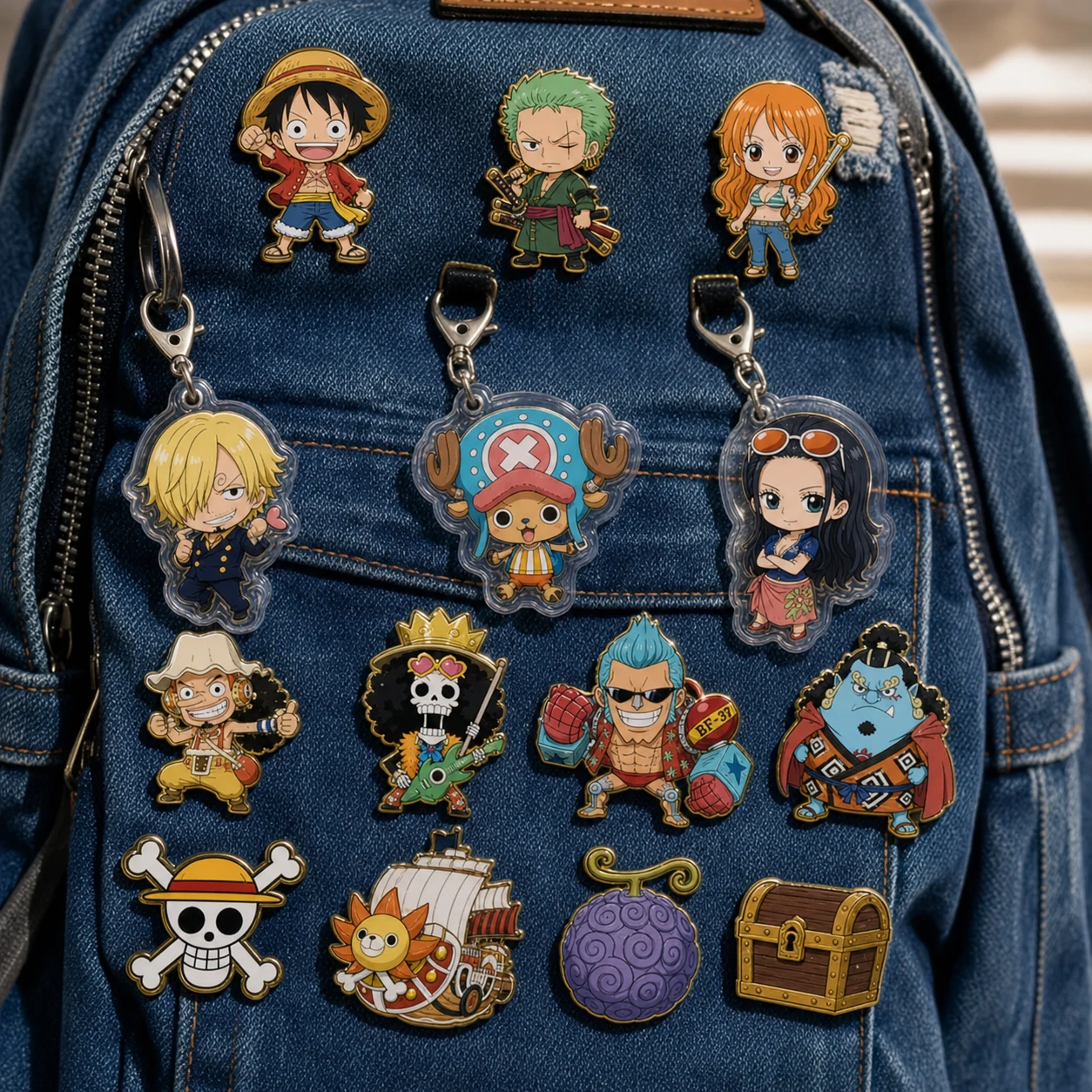One Piece enamel pins and keychains on a backpack