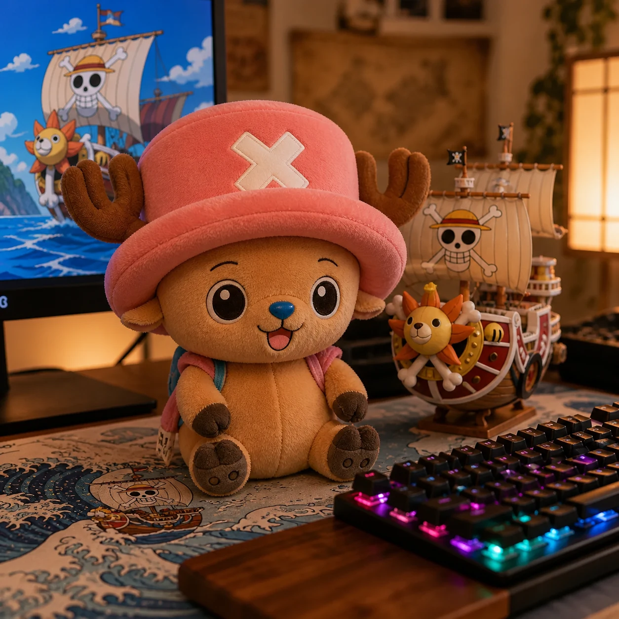 Tony Tony Chopper plush on a One Piece gaming desk setup