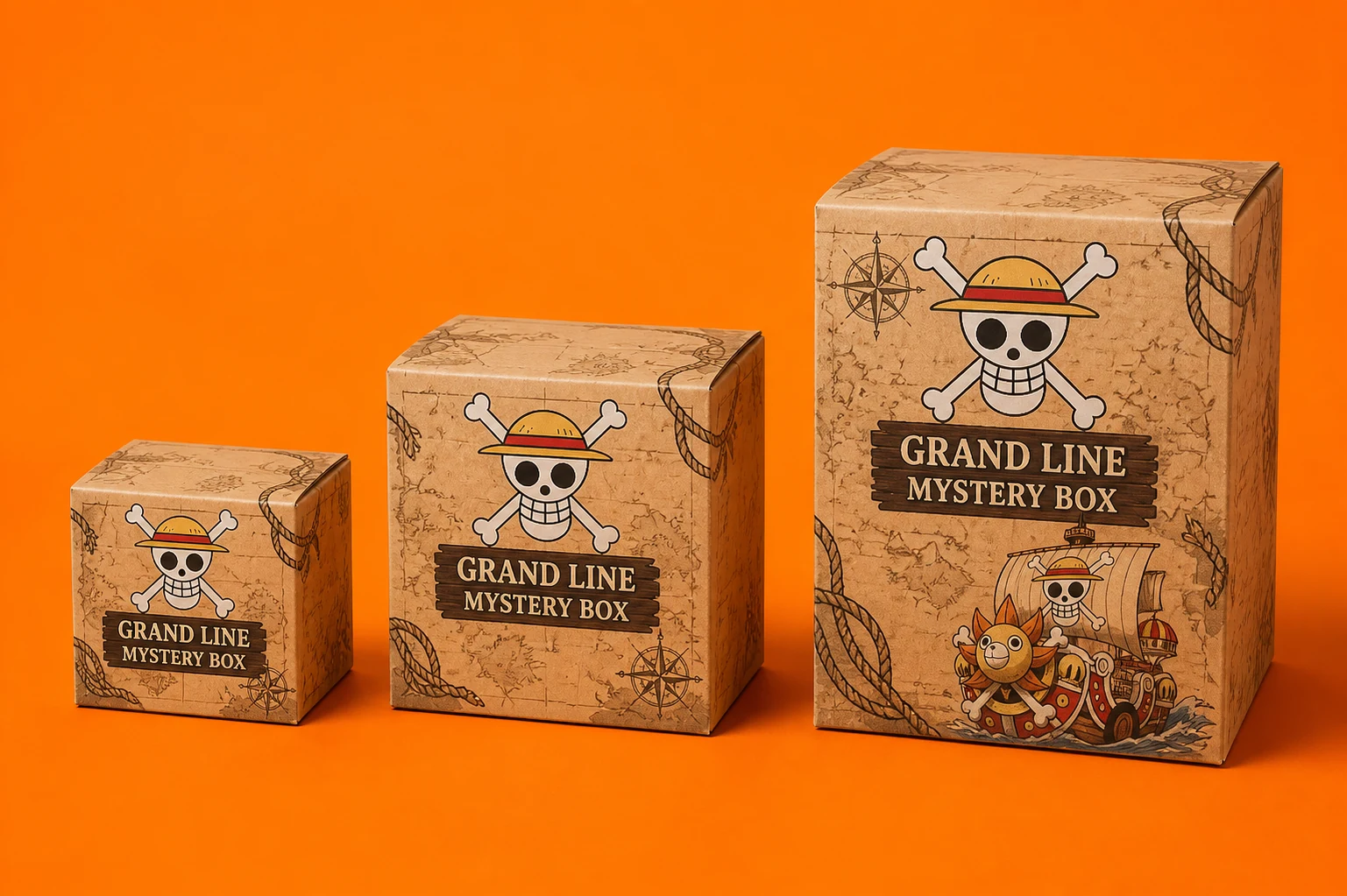 Three Grand Line mystery box sizes side by side