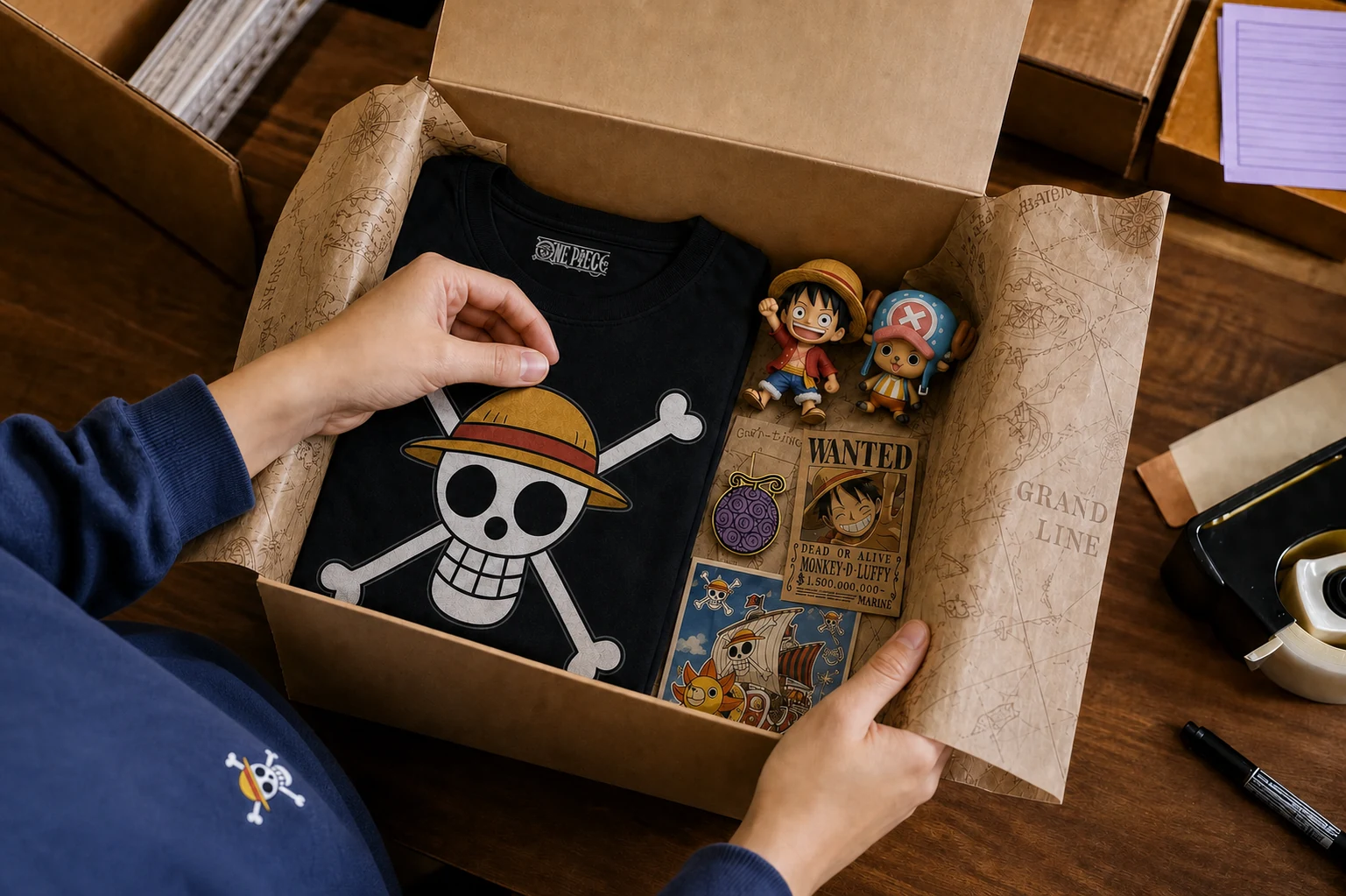 Hands packing One Piece merch into a mystery box