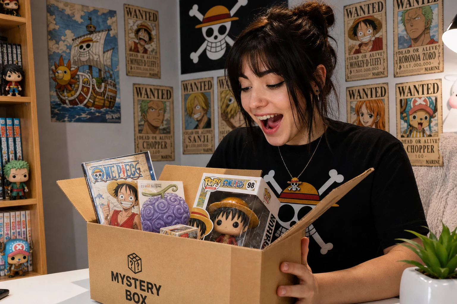 Excited customer unboxing their One Piece mystery box