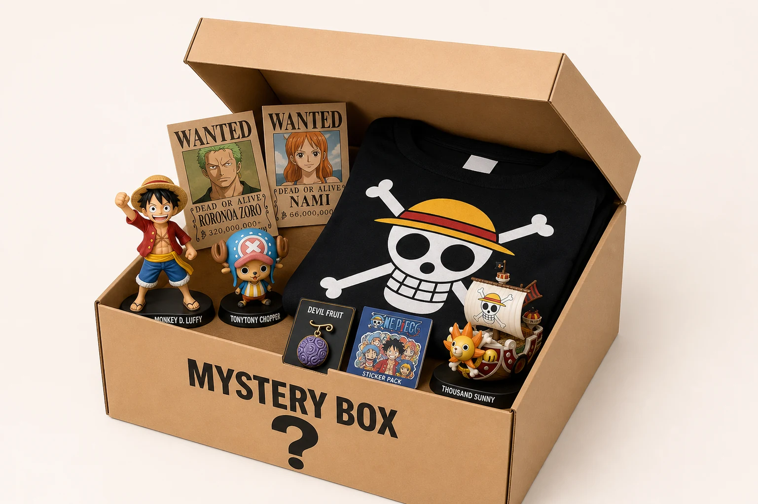 Illustrative arrangement of an open One Piece mystery box with figures, a T-shirt, posters and accessories; not guaranteed contents